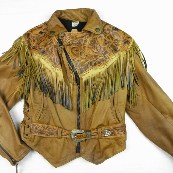 VTG 70's Leather Fringe Motorcycle Jacket Sz Small - Picture 1 of 15